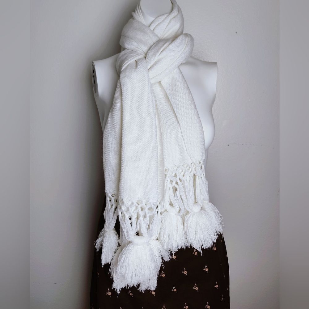 White Knit Boho Tasseled Crochet Shawl Scarf Wrap, One Size